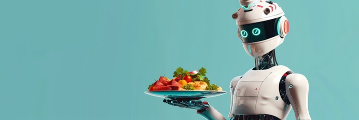 Poster - Friendly robot holding a platter of fresh vegetables against a blue background. Concept of robotic assistance in healthy eating and food service.