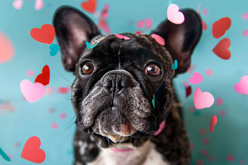 Wall Mural - Cute French Bulldog dog with heart shaped confetti in front of blue background