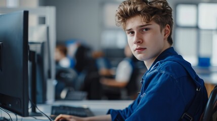 Aufkleber - Young engineer focused on complex data in a modern high-tech office. Engineering expertise and data-driven solutions.