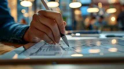 Poster - Close-up of hand drawing architectural plans on digital tablet. Modern architectural drafting and design concept
