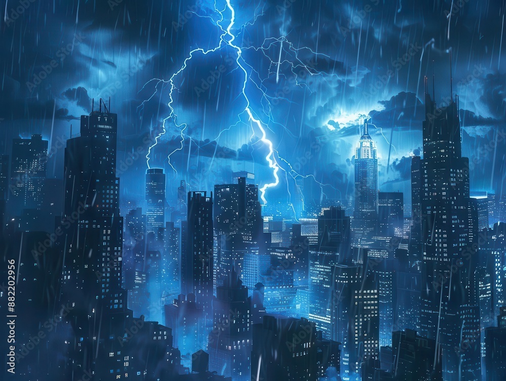 electric blue lightning bolt illuminates the skyline of a sprawling ...