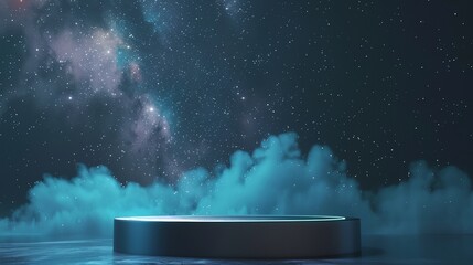 Sticker - a round podium with a blue light in the middle of it and a sky filled with stars and clouds