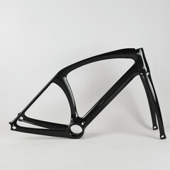 Poster - Black bicycle frame stands upright on white background. Frame composed of front and rear forks with curved tops. Front fork has small hole in center. Bolts attach forks to frame.