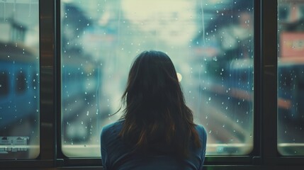 Wall Mural - a woman looking out a window at a city street outside of a building in the rain