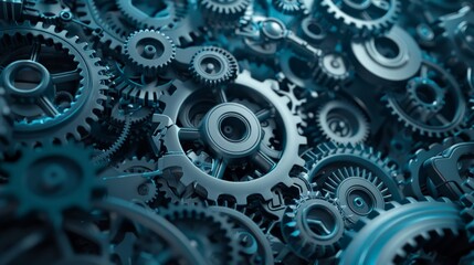 Poster - Complex arrangement of various gears and cogwheels, representing engineering and technological innovation. Concept of machinery and mechanical systems.
