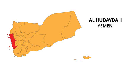 Canvas Print - Al Hudaydah Map is highlighted on the Yemen map with detailed State and region outlines.