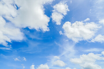 Blue sky with clouds in the sky. Beauty white cloudy on blue sky with soft sun light, Nature view soft white clouds on pastel blue sky background.