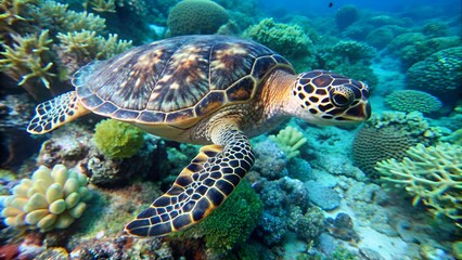 Wall Mural - Vertical video, Top view of Hawksbill Se Turtle or Biss (Eretmochelys imbricata) swims slowly at depth over coral reef, slow motion