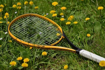 Yellow tennis racquet in field of green grass and dandelions. Bright flower colors contrast with racquet's darker tones, creating a captivating image