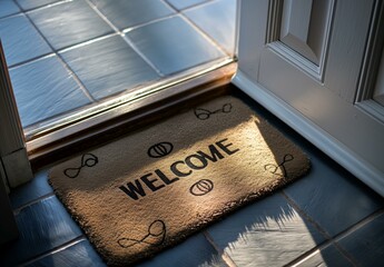 Wall Mural - A clean and simple photo of an open white door with a 'WELCOME' mat placed on a tiled floor, bathed in natural light.