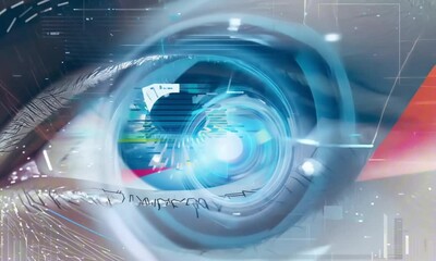 Wall Mural - A close-up of a human eye with futuristic digital graphics overlaying the iris, perfect abstract concept for a tech-themed