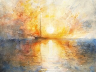 Sticker - A watercolor painting depicting a sailboat on the water at sunset. The sky is a vibrant orange and yellow, reflecting in the rippling water