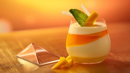 Wall Mural - A gradient sunset background with a futuristic-looking mango and coconut panna cotta, served in a clear, angular dish