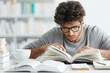© Stone Story - Focused young man studying with books in a library or study space, wearing glasses and a gray sweater.