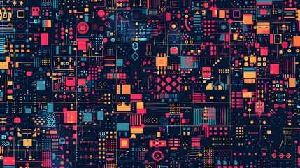 Wall Mural - Abstract Pixel Symbols Vector Pattern. Geometric Retro Computer Game Style Texture. Generative Art Tech Vector Illustration. Grid of Pixel Shapes.