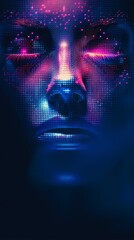 Poster - Abstract digital face with vibrant colors and glowing patterns on a dark background. Highlights futuristic technology and AI