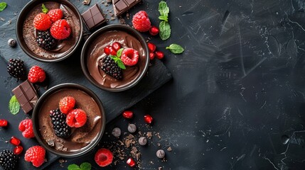 Canvas Print - Delicious homemade chocolate dessert with fruits and herbs on elegant surface for text placement