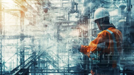Aufkleber - Engineer in an orange safety jacket and white hard hat inspecting high-tech machinery. Represents engineering, technology, and industrial innovation.