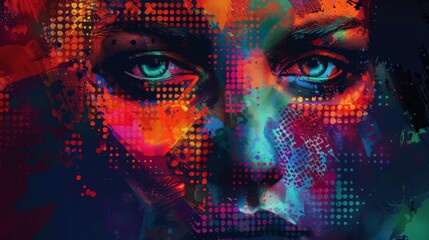 Aufkleber - Colorful digital face with bold geometric patterns and glowing details on a dark background. Represents AI and futuristic technology