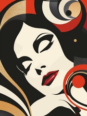 Wall Mural - A stylized, abstract portrait of a woman with closed eyes and red lips, set against a backdrop of geometric shapes and patterns in black, red, and gold