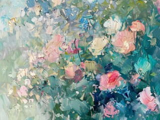 Wall Mural - A close-up view of an abstract oil painting featuring pink and blue flowers with a green and white background