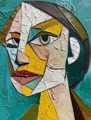 Wall Mural - A close-up abstract oil painting of a woman's face, featuring bold geometric shapes and vibrant colors, creating a textured and expressive work of art