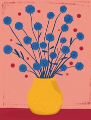 Poster - A vase with blue flowers in it, against a pink background. Red dots are scattered in the background, and the vase sits on a red surface