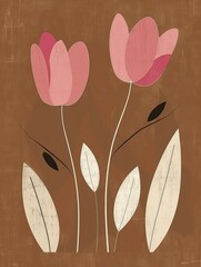 Poster - Two pink tulips with white leaves on a brown background