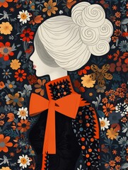 Poster - A woman with a white updo and a bright orange bow is surrounded by a vibrant floral pattern