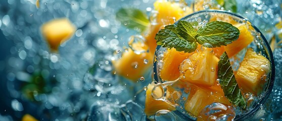 Wall Mural - Refreshing Mint and Pineapple Drink Close-Up on a Cool Icicle Background