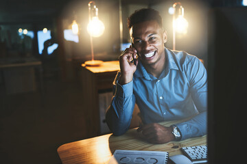 Poster - Night, happy and black man at desk with phone call, web and lead generation at tech startup. Dark, smile and businessman with smartphone, networking contact and business connection at digital agency.