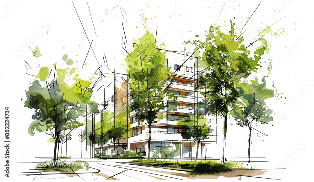 Architectural Drawing of Building Structure with Tree in the Park in ...