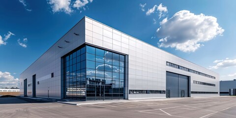 Modern warehouse building exterior, building servicing or car service buildings, Cargo transportation and logistics, with a parking lot on a blue sky background, Car repair or service concept.