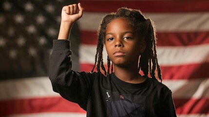 Canvas Print - A young African American in front of the USA flag, positive, proud and confident, protests with hope and a raised hand against racism for rights, justice and equality - Black Lives Matter