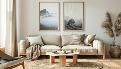 Aufkleber - Two posters of mountains in wooden frames hung above a beige sofa with pillows and a blanket against a white wall over a round coffee table