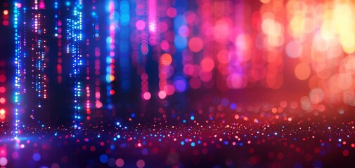 Poster - Glowing binary code and data flow create an abstract digital background, serving as an AI technology wallpaper with blue, purple, and red colors and a bokeh effect.