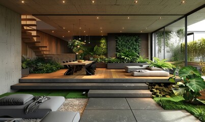 Sleek urban loft with a rooftop garden.