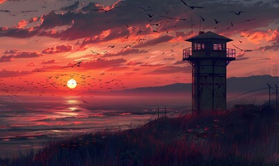 Sticker - Sunset Overlook with Watchtower and Flock of Birds