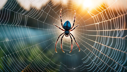 Spider on web at sunset. Arachnid insect nature wallpaper.