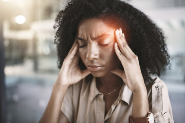 Canvas Print - Frustrated woman, stress and anxiety with headache in pain, debt or depression at office. Tired female person or employee with migraine, red glow or pressure in fatigue, burnout or loss at workplace