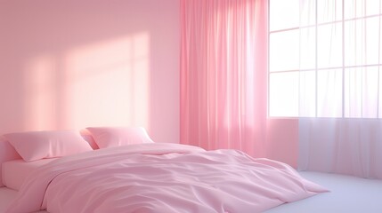 Wall Mural - A pink bedroom with a white bed and pink curtains