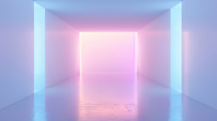 Wall Mural - A large, empty room with a pink and blue light shining through a doorway