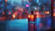 © Gomez - perfume bottle with a blurred cityscape background, dramatic lighting and shadows, sophisticated and modern aesthetic