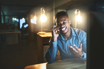 Sticker - Night, smile and black man in office with phone call, connection and lead generation at tech startup. Dark, discussion and businessman with smartphone, networking and happy contact at digital agency.