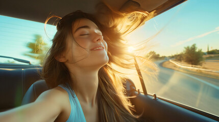 A young Caucasian beautiful adult woman or girl, brunette, passenger enjoying a sunny drive on the road, highway, inside a car while on a vacation or journey, wind through her brown hair.