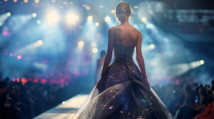 Rear view of a young beautiful girl, blonde woman, female model at a fashion show, walking on the catwalk, dressed in an elegant glamorous sparkling  dress, surrounded by an audience, style, clothes.