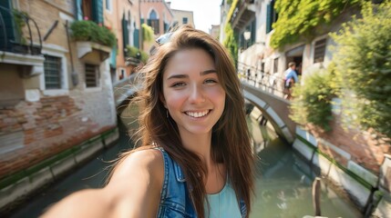 Smiling woman takes a selfie in Venice, Italy, with picturesque canals and charming architecture in the background on a sunny day.