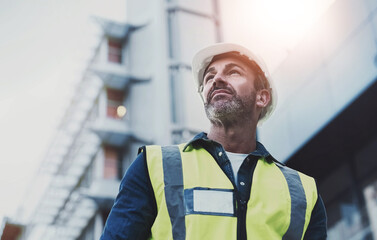 Aufkleber - Man, construction and architect thinking outside, building vision and plan or property development. Professional, inspection and architecture site or decision, engineering design and employee or idea