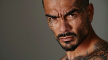 Poster - Angry serious tattooed shirtless latino man looking at the camera on gray background headshot mugshot