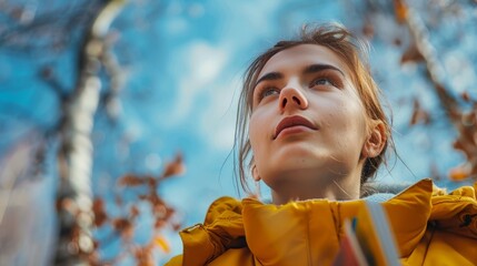 Wall Mural -  A woman in a yellow jacket gazes at the sky, surrounded by a leafless tree in the foreground and a blue backdrop